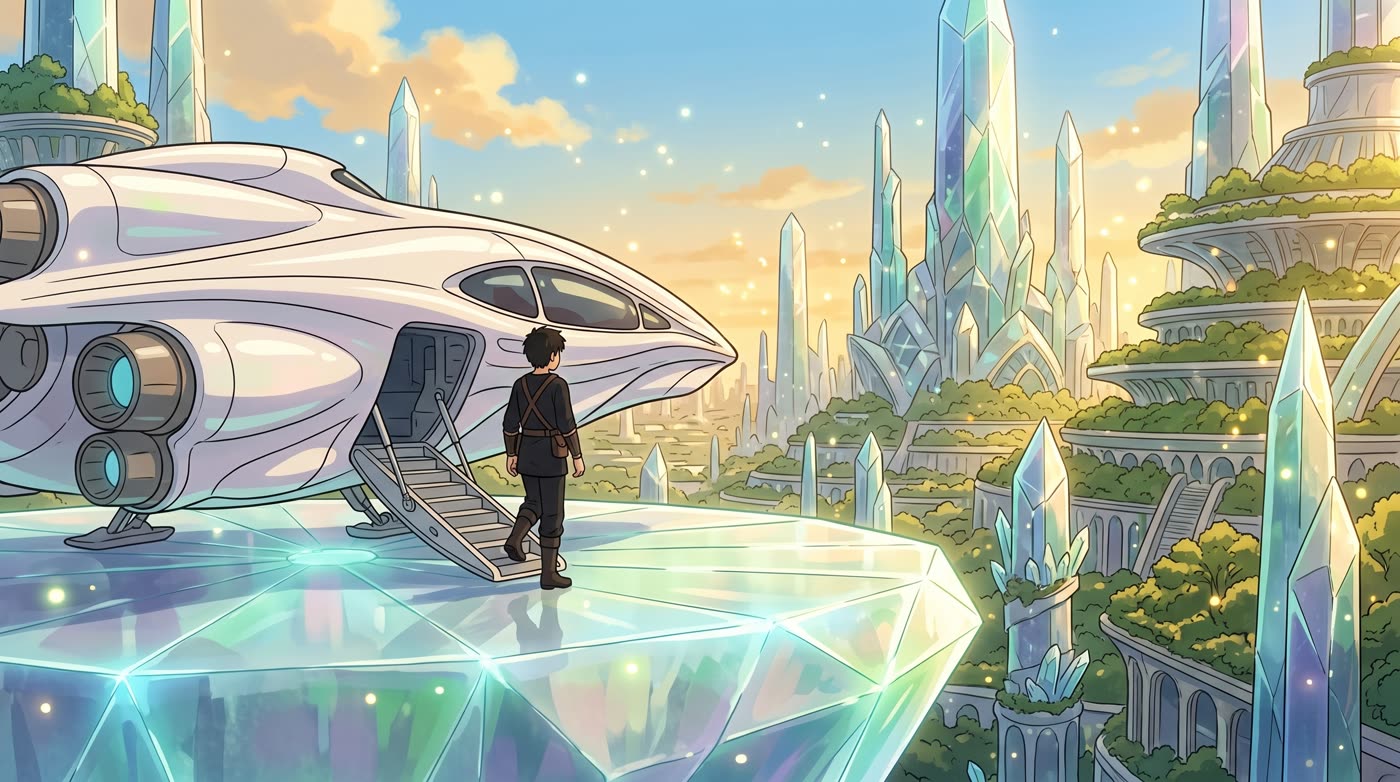 La nave aterriza sobre una plataforma de cristal frente a una ciudad luminosa