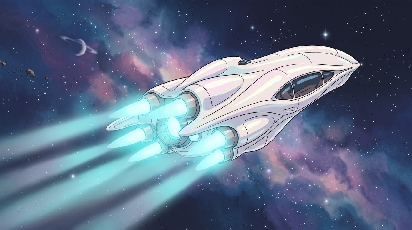 Una nave blanca de luz cruza el espacio frente a un planeta con anillos